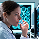 **Prompt 1:** A focused female biologist in a clean, modern laboratory, intently looking into a high-powered electron microscope. Around her, subtle, glowing holographic projections of intricate DNA strands, protein structures, and detailed cellular components emerge, symbolizing the molecular mysteries she's deciphering. The lab is equipped with advanced technology, conveying an atmosphere of scientific discovery at its most fundamental level.
