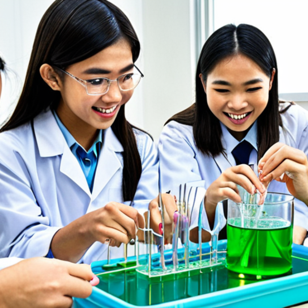 **A diverse group of Thai students enthusiastically participating in a hands-on biology lab experiment.** The lab should be well-equipped and modern. The overall tone is bright, energetic, and inspiring, emphasizing learning and discovery in science.