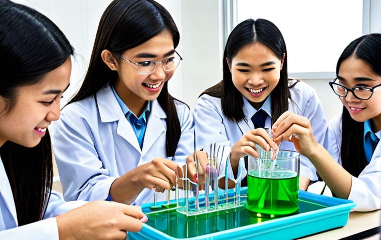**A diverse group of Thai students enthusiastically participating in a hands-on biology lab experiment.** The lab should be well-equipped and modern. The overall tone is bright, energetic, and inspiring, emphasizing learning and discovery in science.