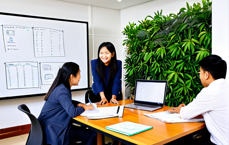 Collaborative Learning Environment**

"A bright and modern co-working space filled with Thai professionals in modest, appropriate business attire, working together at large tables, smiling and engaged in discussion, laptops and documents visible, plants and greenery in the background, whiteboard with diagrams, safe for work, fully clothed, professional, family-friendly, perfect anatomy, natural pose, well-formed hands, proper finger count, natural body proportions, high quality."

**