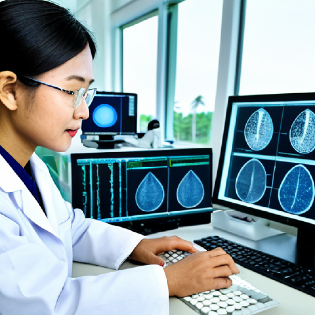 Genetics & Medicine**

A professional Thai female geneticist in a clean, modern laboratory, wearing a lab coat and glasses, analyzing a DNA sequence on a computer screen. Microscope and research equipment are visible in the background. Fully clothed, appropriate attire, safe for work, perfect anatomy, natural proportions, professional science photography, high quality. The scene conveys hope and scientific progress in treating genetic diseases common in Thailand, such as thalassemia. Modest, family-friendly.

**