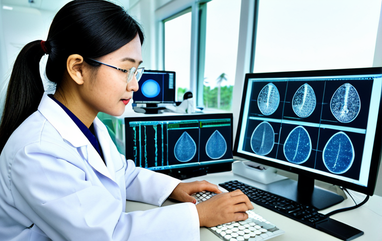 Genetics & Medicine**

A professional Thai female geneticist in a clean, modern laboratory, wearing a lab coat and glasses, analyzing a DNA sequence on a computer screen. Microscope and research equipment are visible in the background. Fully clothed, appropriate attire, safe for work, perfect anatomy, natural proportions, professional science photography, high quality. The scene conveys hope and scientific progress in treating genetic diseases common in Thailand, such as thalassemia. Modest, family-friendly.

**