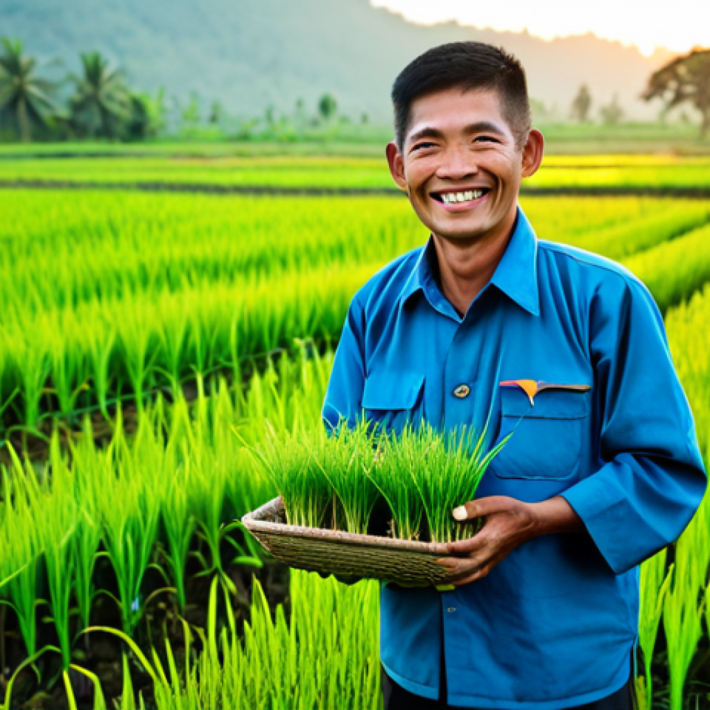 생물학자 연구 결과의 산업 적용 - **Subject:** A Thai farmer in traditional clothing, smiling and holding a healthy vegetable seedling...