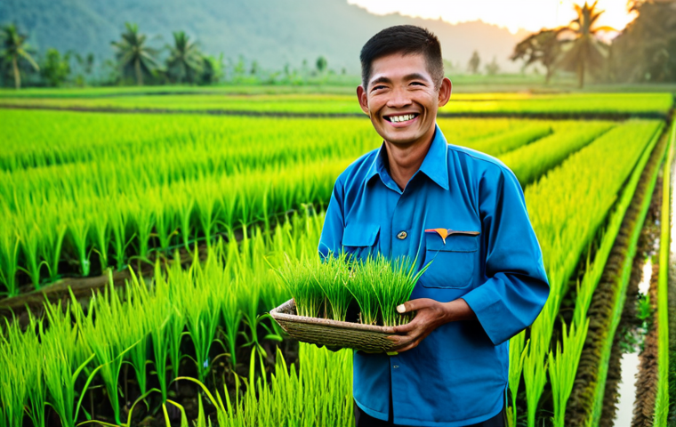 생물학자 연구 결과의 산업 적용 - **Subject:** A Thai farmer in traditional clothing, smiling and holding a healthy vegetable seedling...