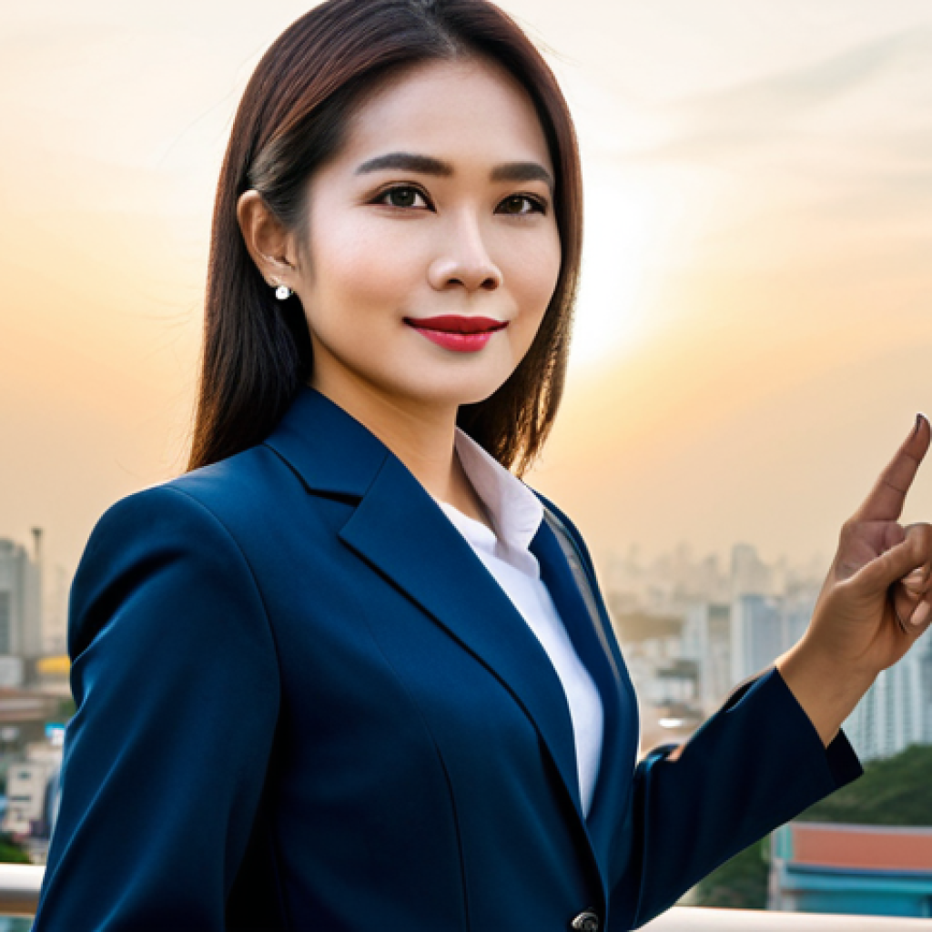 생물학자 학술지 논문 투고 절차 - **Subject:** A confident Thai businesswoman, fully clothed in a modern, tailored suit, standing in f...