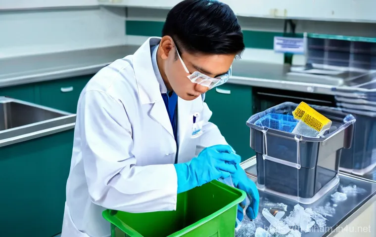 생물학자 실험실 안전 규정 - **Prompt:** A focused female Thai scientist in her late 20s, wearing a fully buttoned white lab coat...