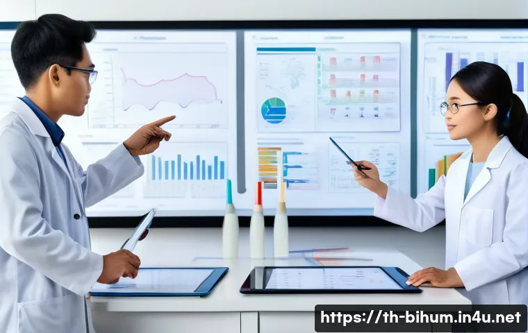 생물학자 연구 프로젝트 관리 - A detailed and vibrant illustration of a Thai biological research team in a modern laboratory settin...