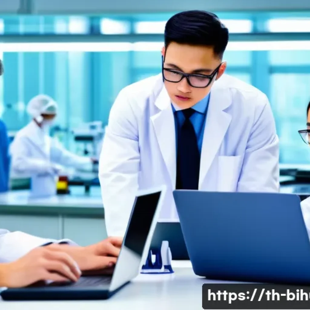 생물학자 직장 내 정치 관리 - A diverse team of researchers in a modern laboratory setting, collaborating around a large table wit...