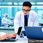 생물학자 직장 내 정치 관리 - A diverse team of researchers in a modern laboratory setting, collaborating around a large table wit...