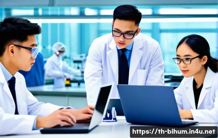 생물학자 직장 내 정치 관리 - A diverse team of researchers in a modern laboratory setting, collaborating around a large table wit...