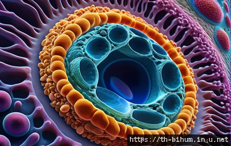 생물학자 분야별 세부 전공 - A highly detailed scientific illustration of a living animal cell viewed under an electron microscop...