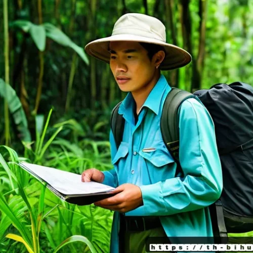 생물학자 연봉과 직무 만족도 - A detailed scene of a Thai biologist in a field research setting, wearing professional outdoor gear ...