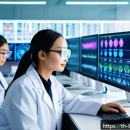 생물학자 생물학적 데이터 분석 도구 - A modern laboratory setting with scientists wearing lab coats and safety glasses, analyzing large ge...