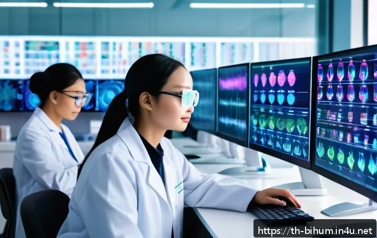 생물학자 생물학적 데이터 분석 도구 - A modern laboratory setting with scientists wearing lab coats and safety glasses, analyzing large ge...