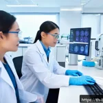 생물학자 연구자의 리더십 역할 - A modern biomedical research laboratory scene showing a diverse team of scientists in white lab coat...